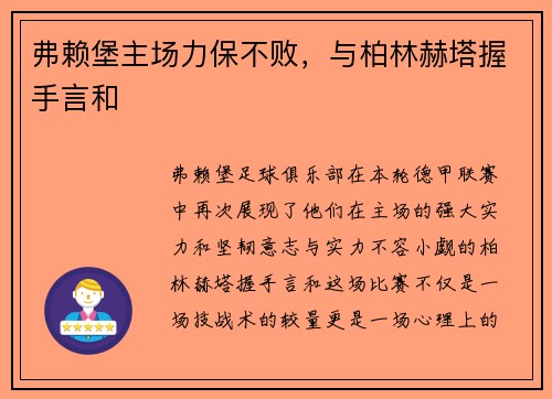 弗赖堡主场力保不败，与柏林赫塔握手言和